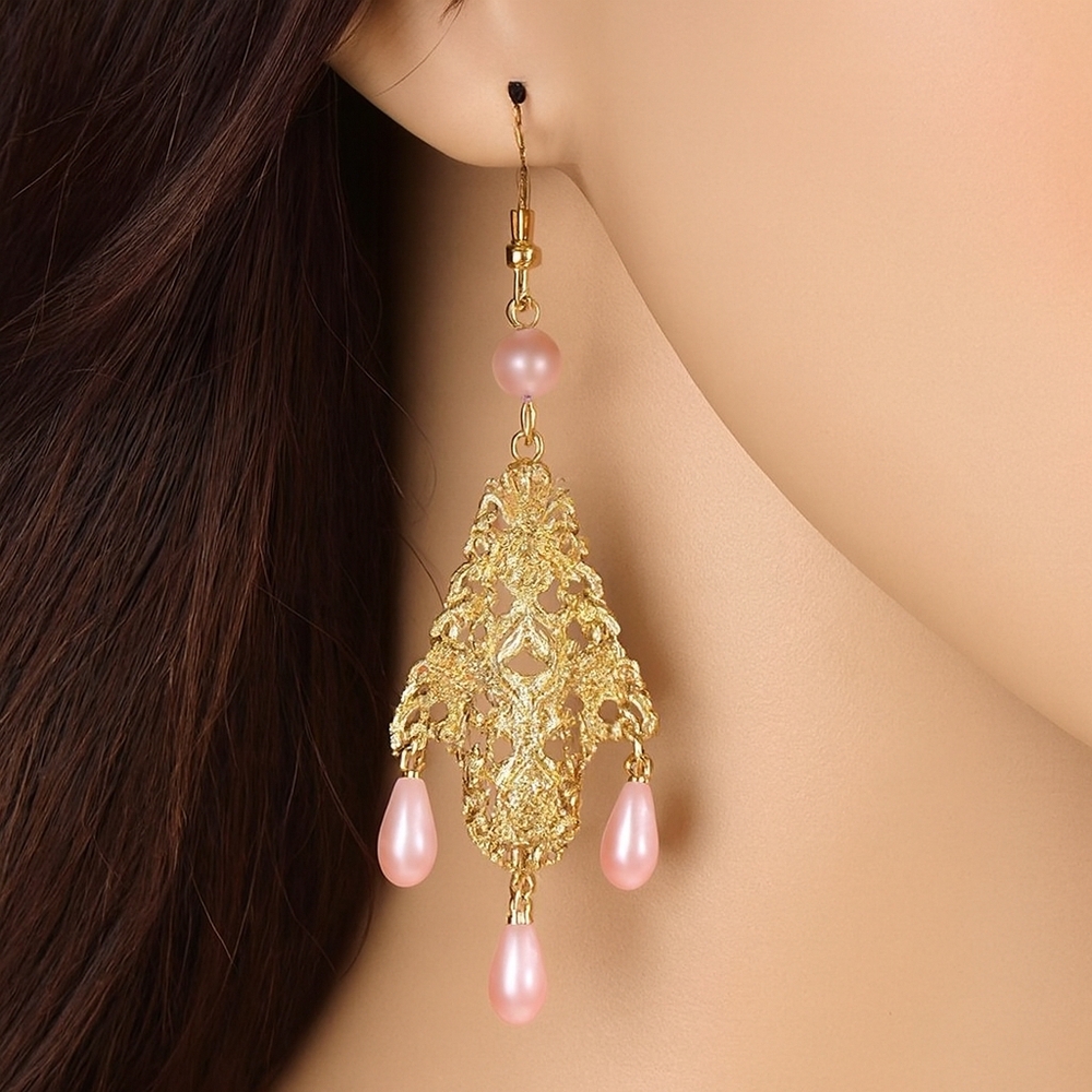 Gold Filigree Design Long Beads Drop Dangle Earrings Women Jewelry #1